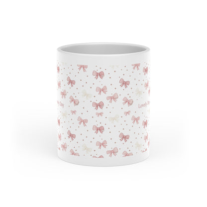 Heart Mug — Pink Bow Pattern 'Lovely Day' Ceramic Coffee Cup