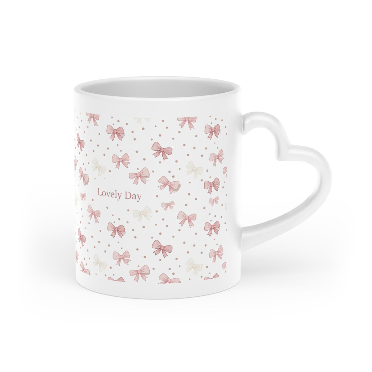 Heart Mug — Pink Bow Pattern 'Lovely Day' Ceramic Coffee Cup