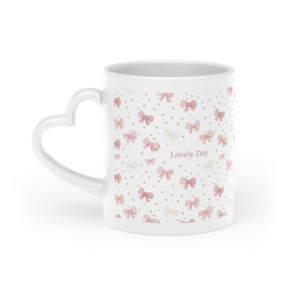 Heart Mug — Pink Bow Pattern 'Lovely Day' Ceramic Coffee Cup