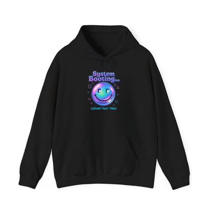 Hoodie — “System Booting” Retro Holographic Smiley Tech Hoodie