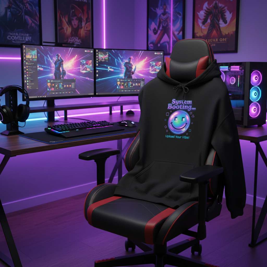 Hoodie — “System Booting” Retro Holographic Smiley Tech Hoodie