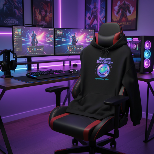 Hoodie — “System Booting” Retro Holographic Smiley Tech Hoodie