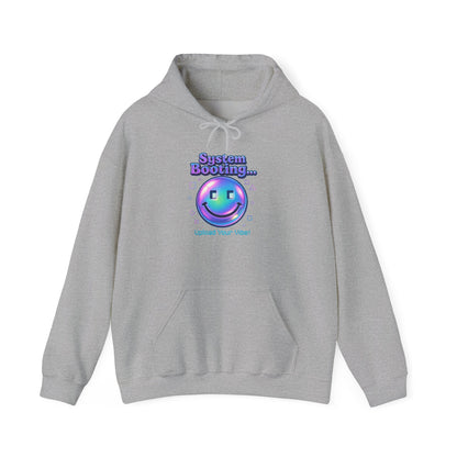 Hoodie — “System Booting” Retro Holographic Smiley Tech Hoodie