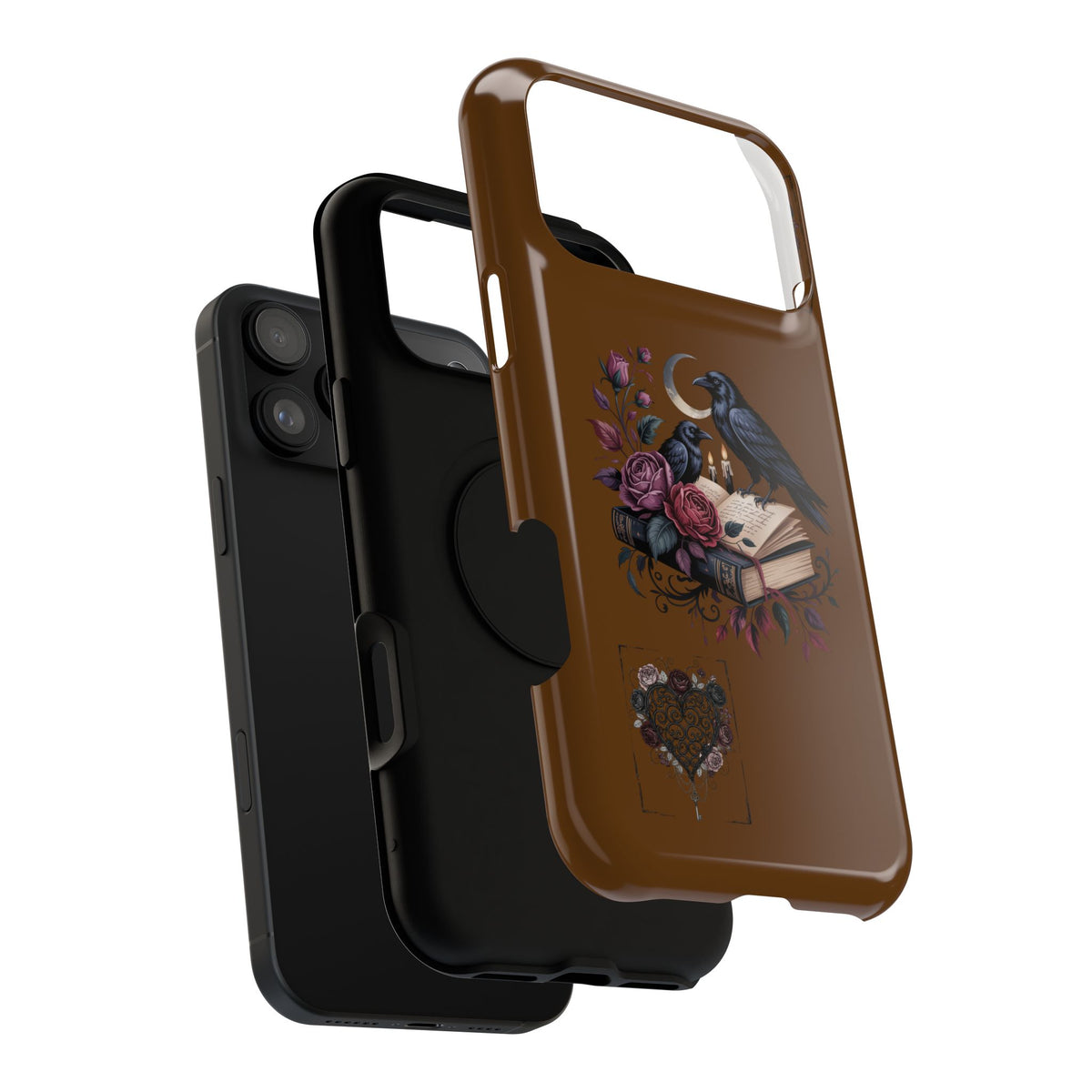 Raven & Roses Phone Case — Impact-Resistant Protective Case with Moon, Books & Floral Gothic Design