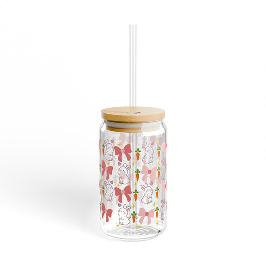 Bunny Pattern 16oz Glass Sipper with Straw — Cute Pastel Easter Design