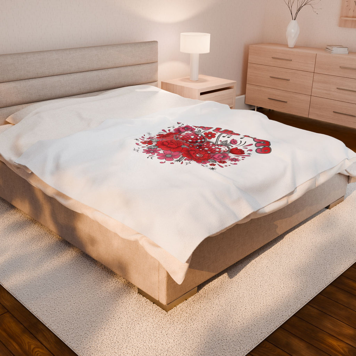 Disco Cherry Hearts Floral Velveteen Blanket | sparkly hearts, retro romance