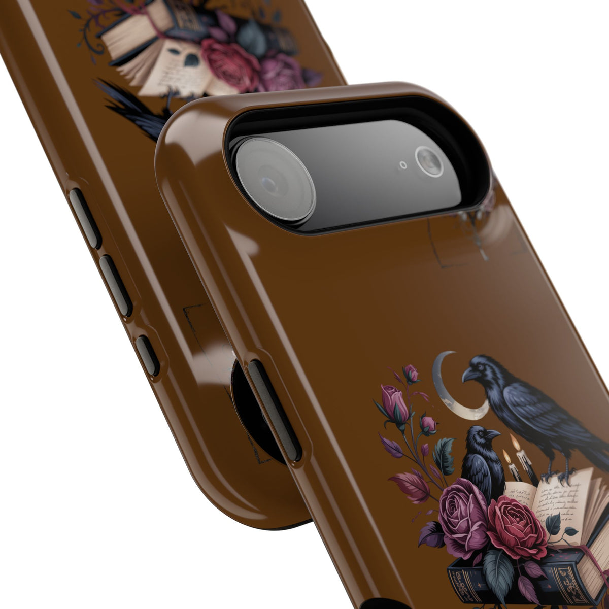 Raven & Roses Phone Case — Impact-Resistant Protective Case with Moon, Books & Floral Gothic Design