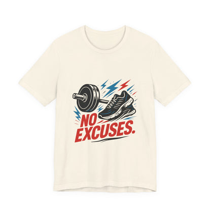 No Excuses Fitness Tee — Motivational Workout T-Shirt with Sneakers & Barbell Graphic