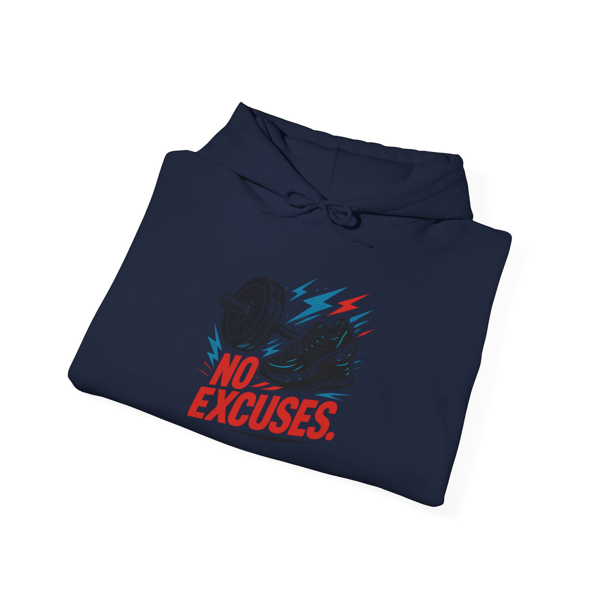 No Excuses Gym Hoodie — Motivational Fitness Sweatshirt with Dumbbell & Shoe Graphic