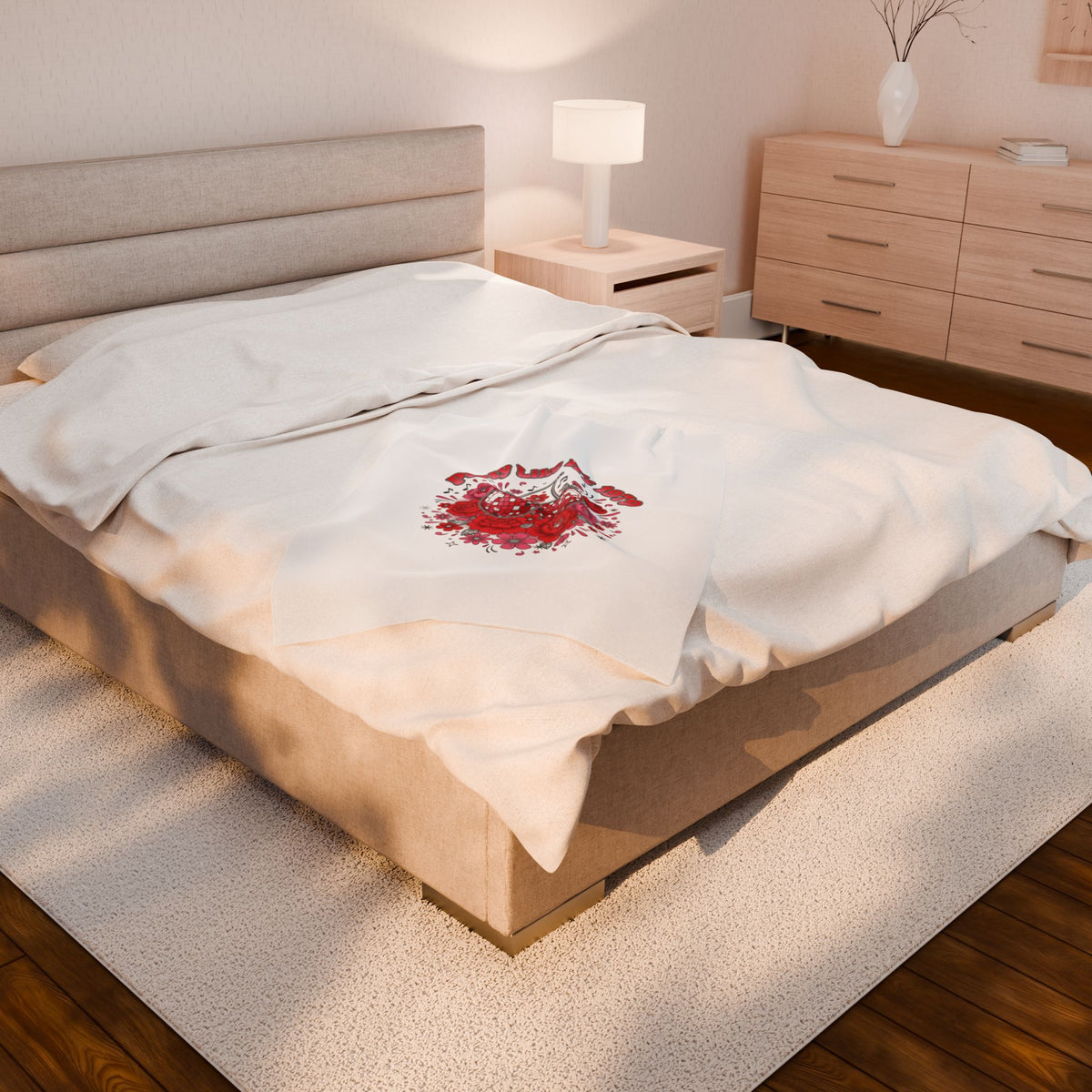 Disco Cherry Hearts Floral Velveteen Blanket | sparkly hearts, retro romance