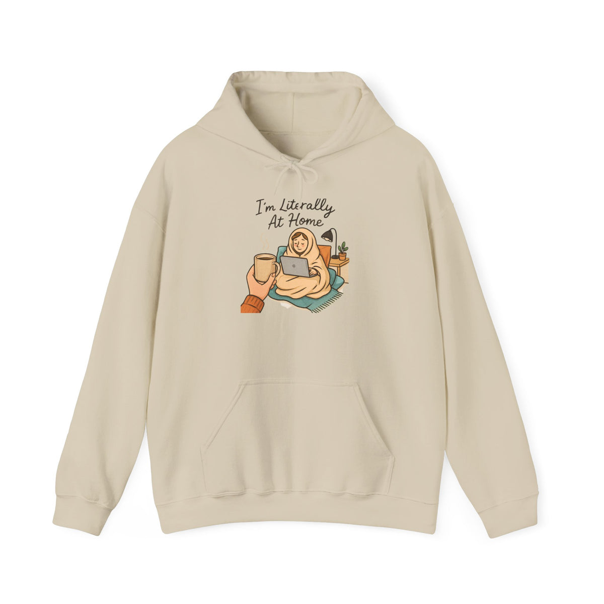 Cozy At Home Hoodie — Relaxed Laptop & Coffee Illustration