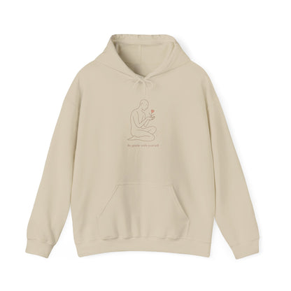 Minimal Line Art Hoodie — Figure Holding Heart Flower Illustration