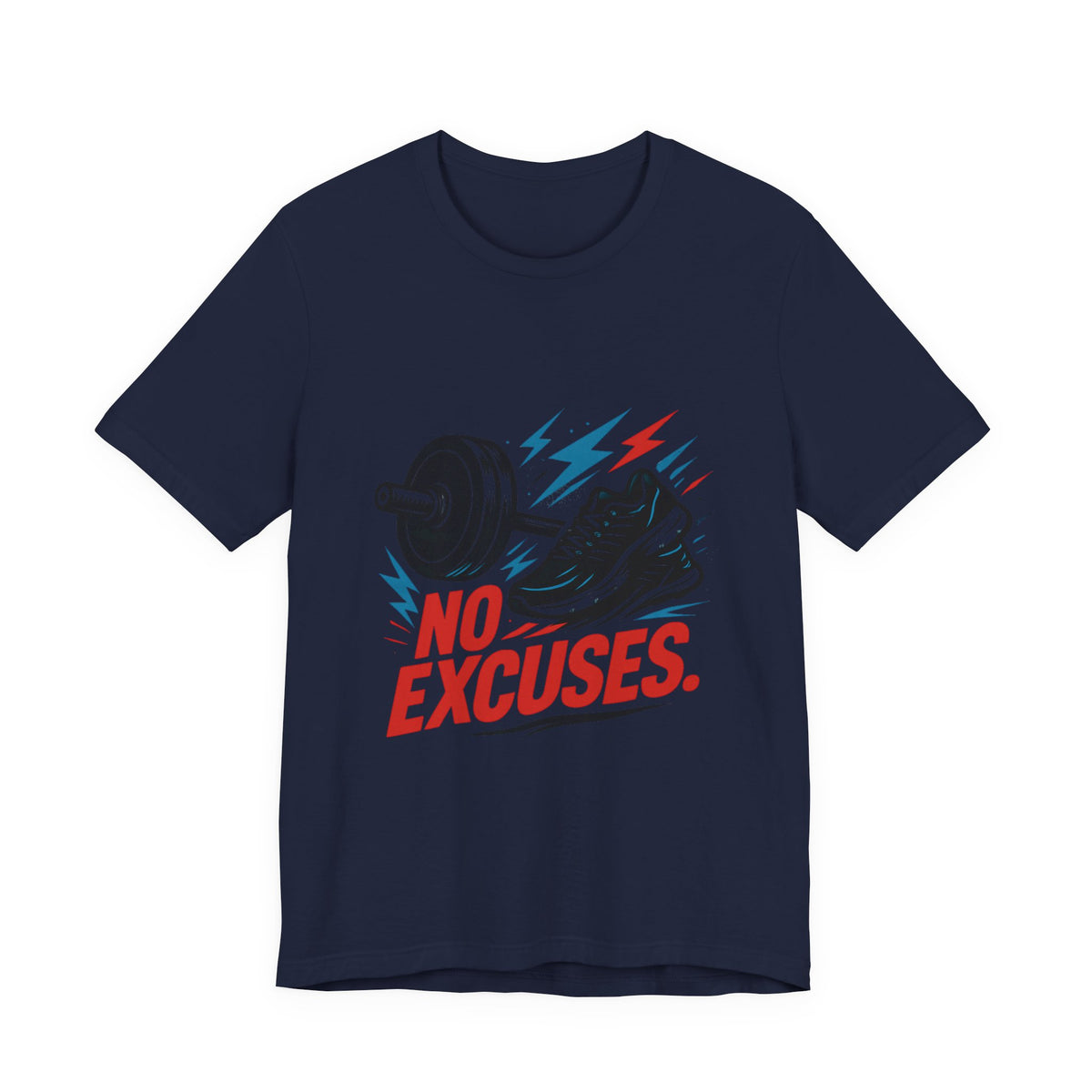 No Excuses Fitness Tee — Motivational Workout T-Shirt with Sneakers & Barbell Graphic