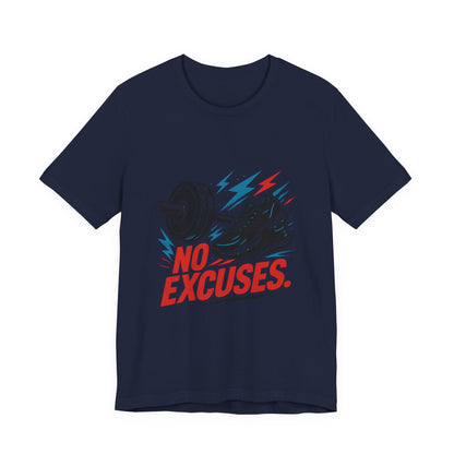 No Excuses Fitness Tee — Motivational Workout T-Shirt with Sneakers & Barbell Graphic