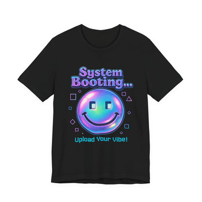 System Booting Smiley Tee — “Upload Your Vibe!” Retro Cybercore Graphic T-Shirt
