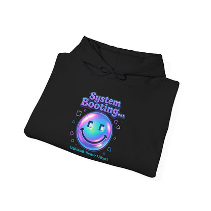 Hoodie — “System Booting” Retro Holographic Smiley Tech Hoodie