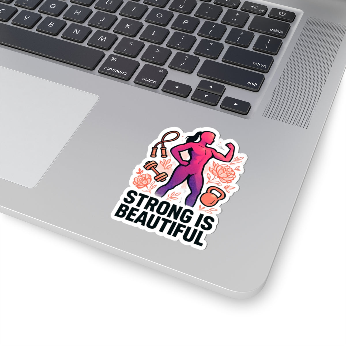 Strong Is Beautiful Sticker — Motivational Fitness Kiss-Cut Sticker for Women (Kettlebell, Dumbbell & Jump Rope Design)