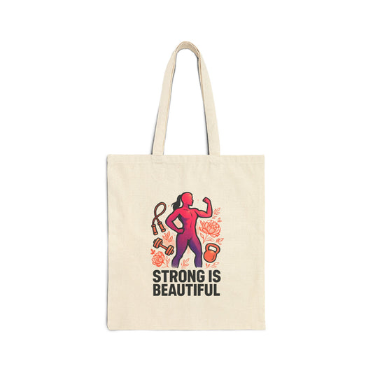 Strong Is Beautiful Canvas Tote Bag — Fitness Motivational Gym Shopper