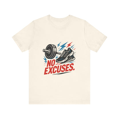 No Excuses Fitness Tee — Motivational Workout T-Shirt with Sneakers & Barbell Graphic