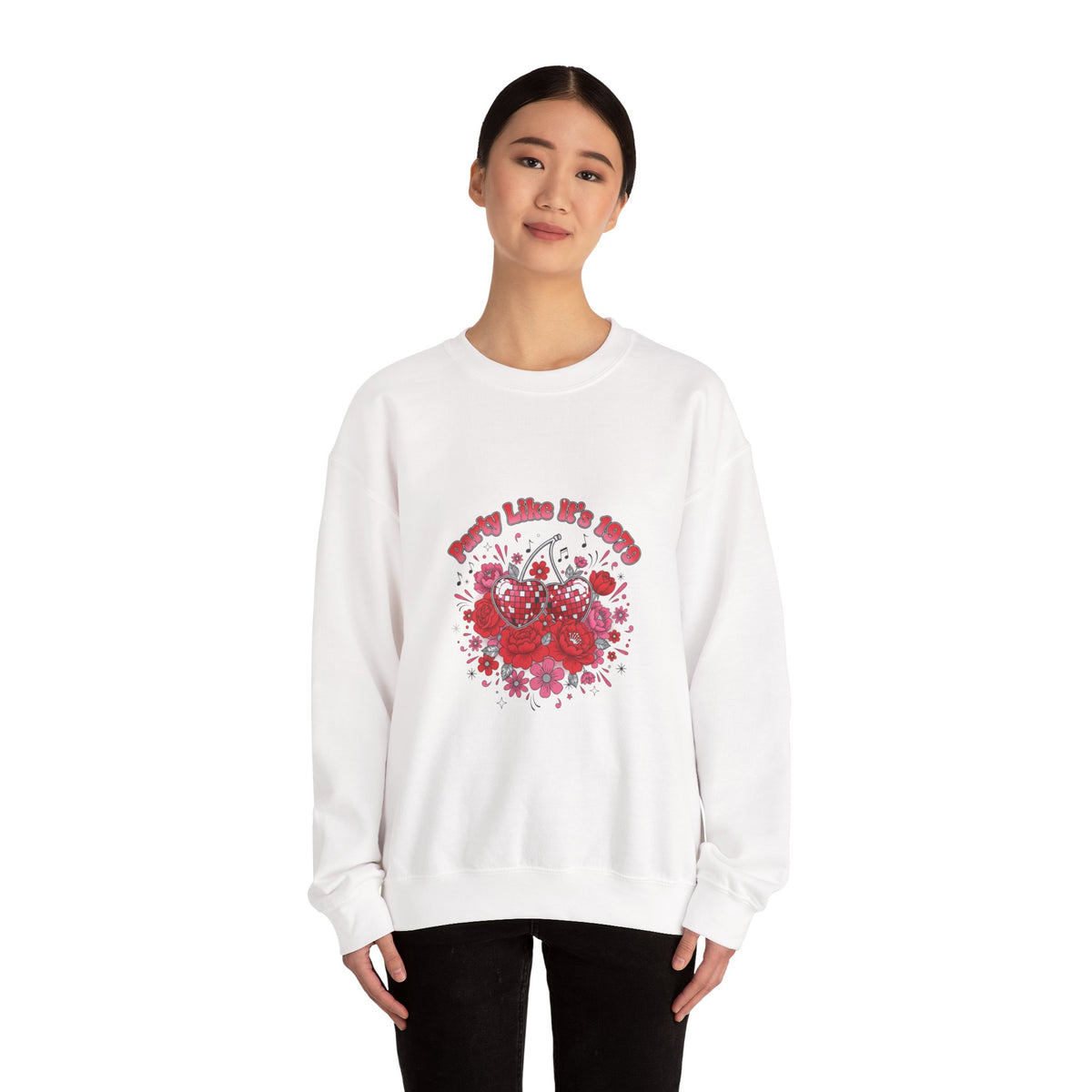 Disco Cherry Hearts Retro Romance Sweatshirt | sparkly hearts, glitter floral