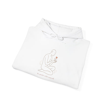 Minimal Line Art Hoodie — Figure Holding Heart Flower Illustration