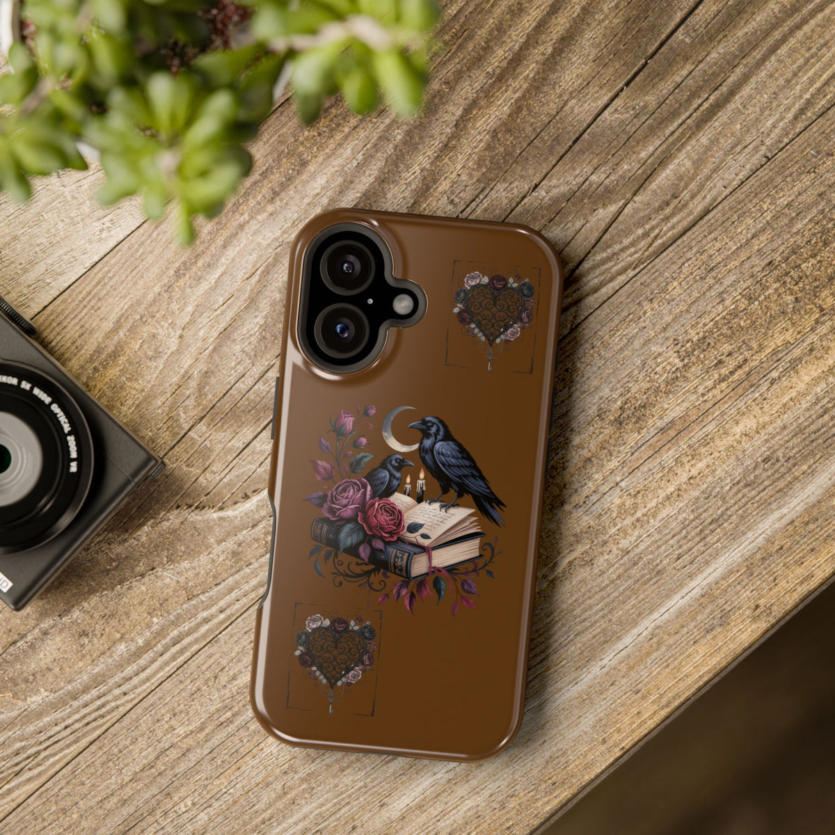 Raven & Roses Phone Case — Impact-Resistant Protective Case with Moon, Books & Floral Gothic Design