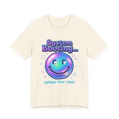 System Booting Smiley Tee — “Upload Your Vibe!” Retro Cybercore Graphic T-Shirt