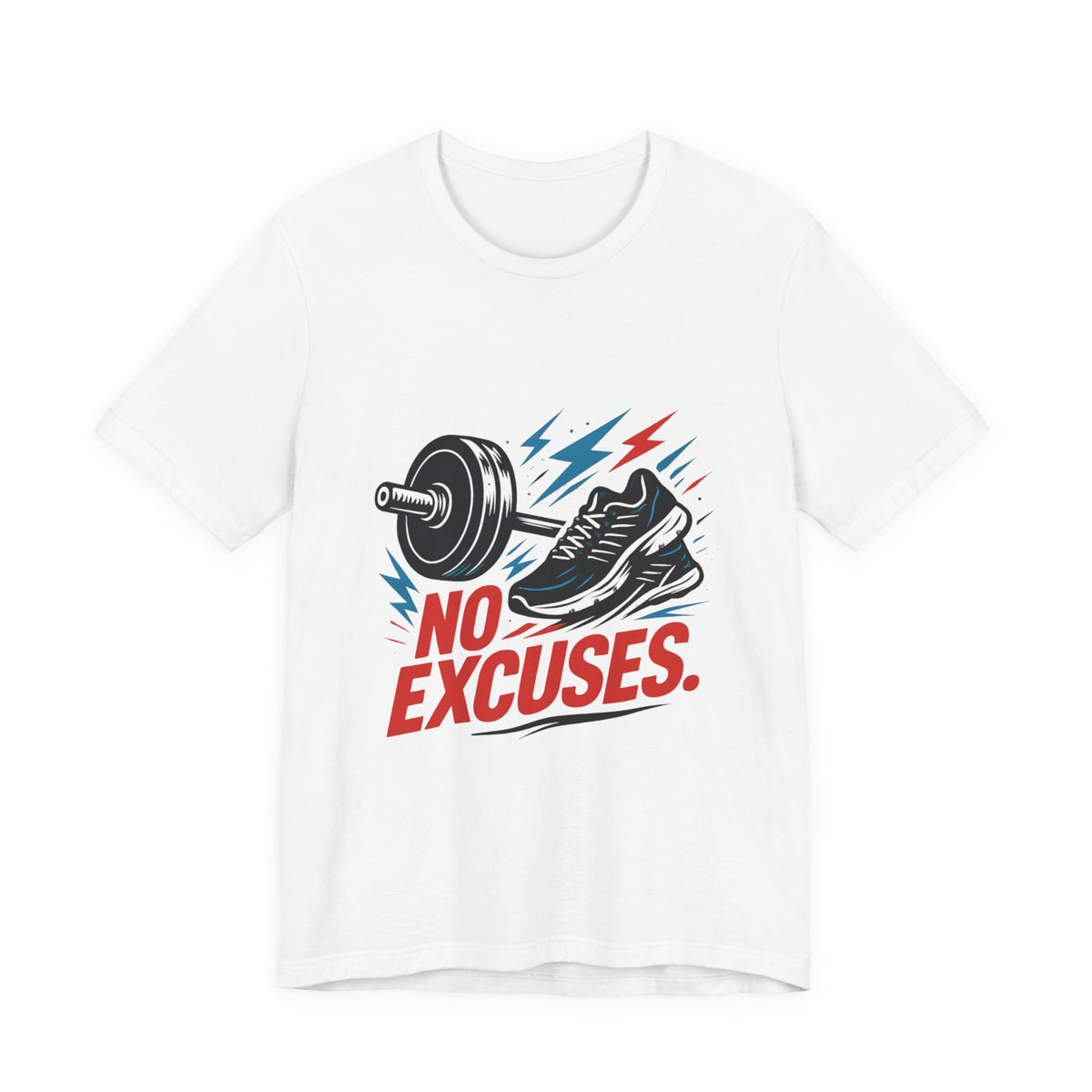 No Excuses Fitness Tee — Motivational Workout T-Shirt with Sneakers & Barbell Graphic