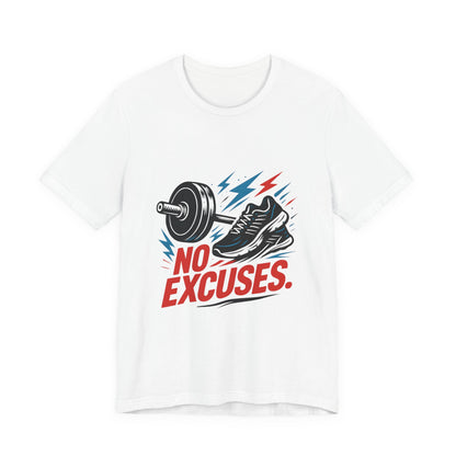No Excuses Fitness Tee — Motivational Workout T-Shirt with Sneakers & Barbell Graphic