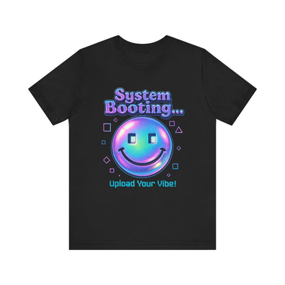 System Booting Smiley Tee — “Upload Your Vibe!” Retro Cybercore Graphic T-Shirt