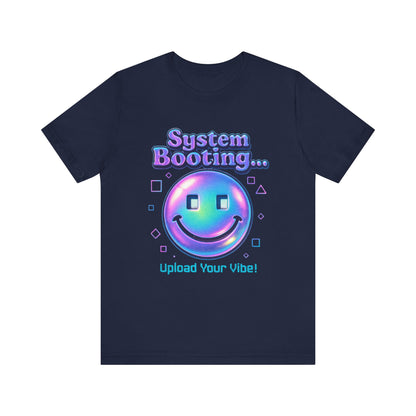 System Booting Smiley Tee — “Upload Your Vibe!” Retro Cybercore Graphic T-Shirt