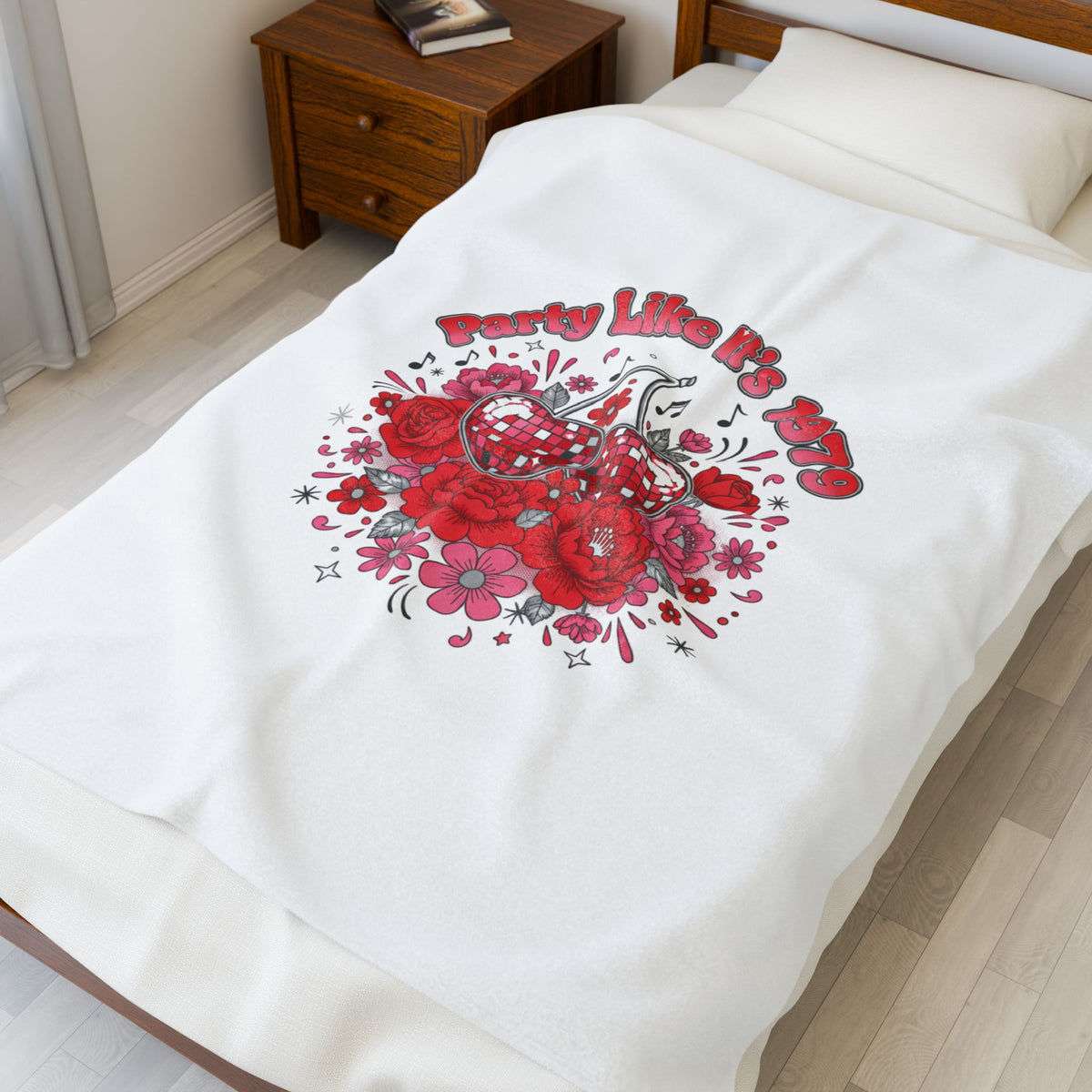 Disco Cherry Hearts Floral Velveteen Blanket | sparkly hearts, retro romance