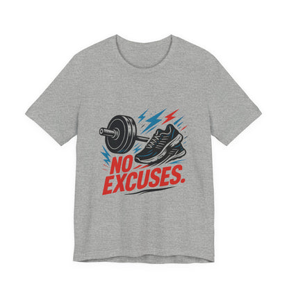 No Excuses Fitness Tee — Motivational Workout T-Shirt with Sneakers & Barbell Graphic