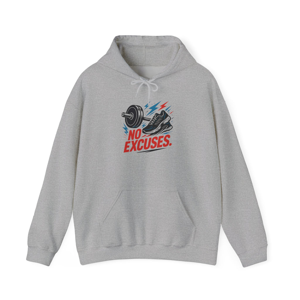 No Excuses Gym Hoodie — Motivational Fitness Sweatshirt with Dumbbell & Shoe Graphic