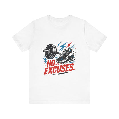 No Excuses Fitness Tee — Motivational Workout T-Shirt with Sneakers & Barbell Graphic