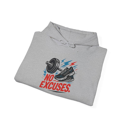 No Excuses Gym Hoodie — Motivational Fitness Sweatshirt with Dumbbell & Shoe Graphic