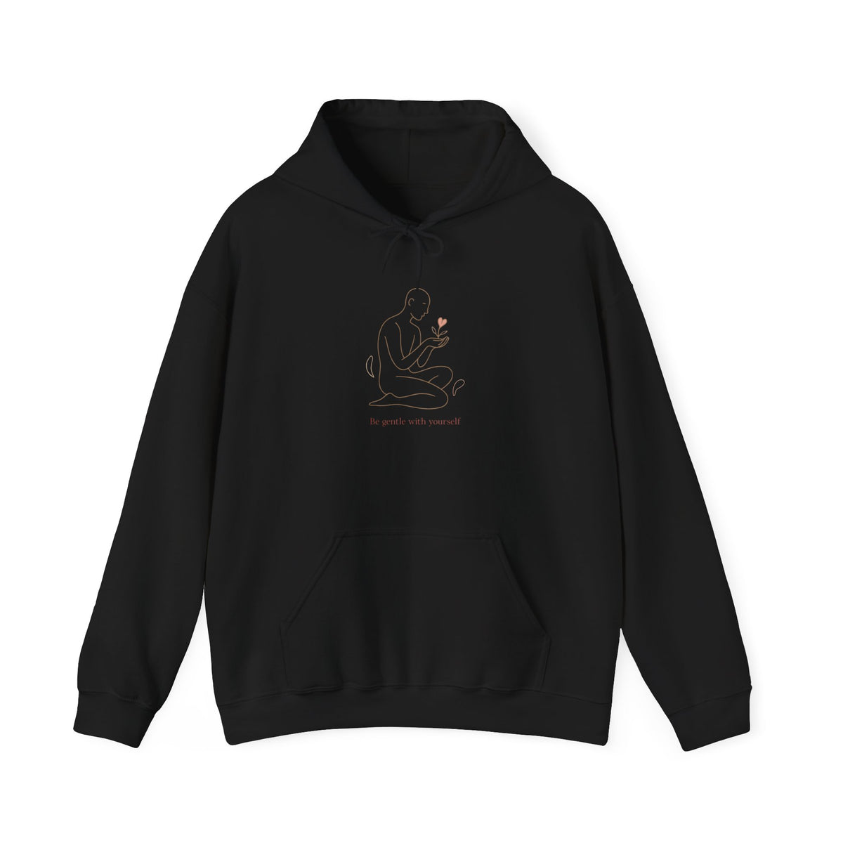 Minimal Line Art Hoodie — Figure Holding Heart Flower Illustration