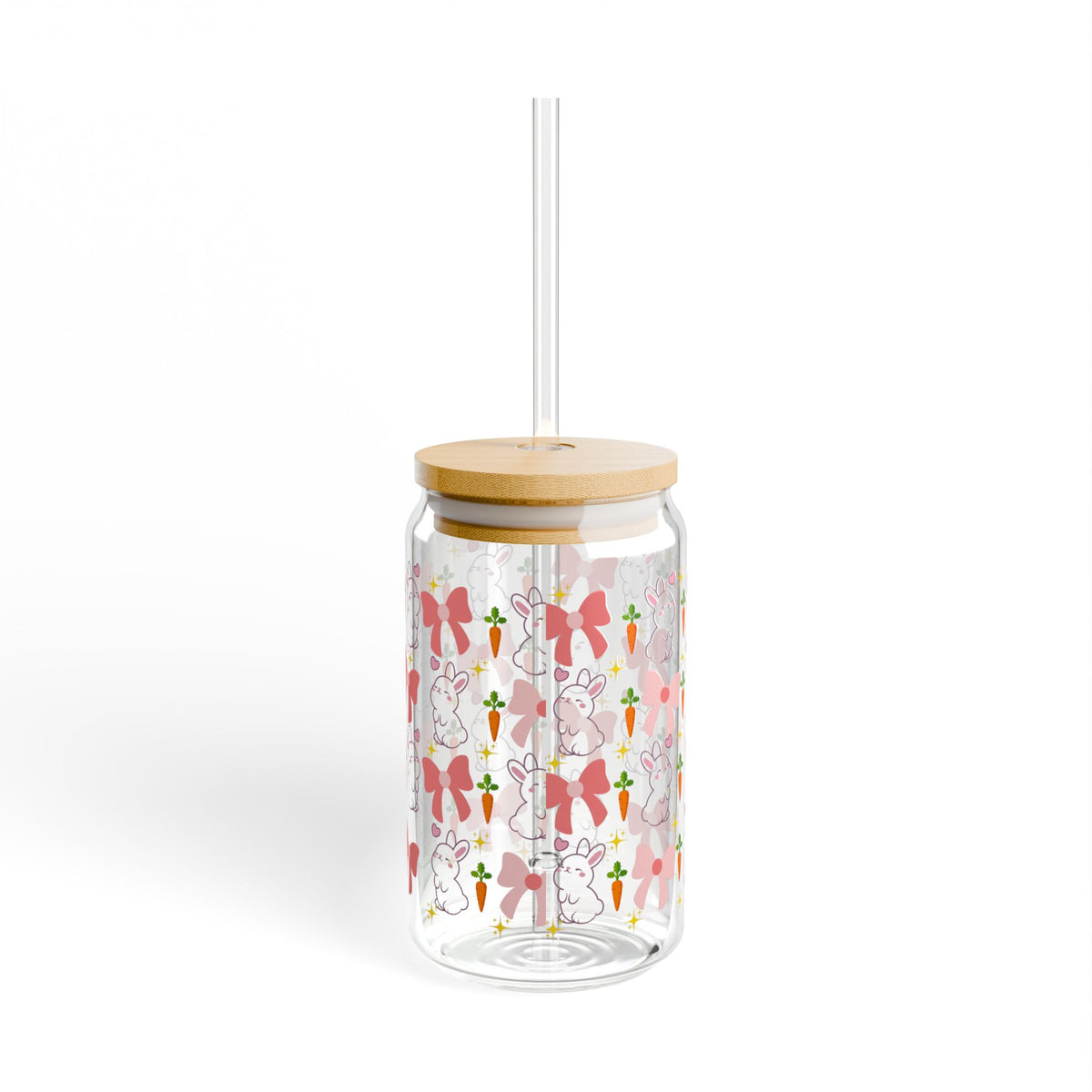 Bunny Pattern 16oz Glass Sipper with Straw — Cute Pastel Easter Design