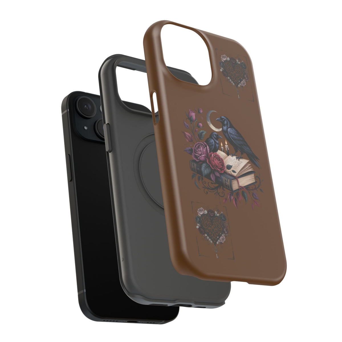 Raven & Roses Phone Case — Impact-Resistant Protective Case with Moon, Books & Floral Gothic Design