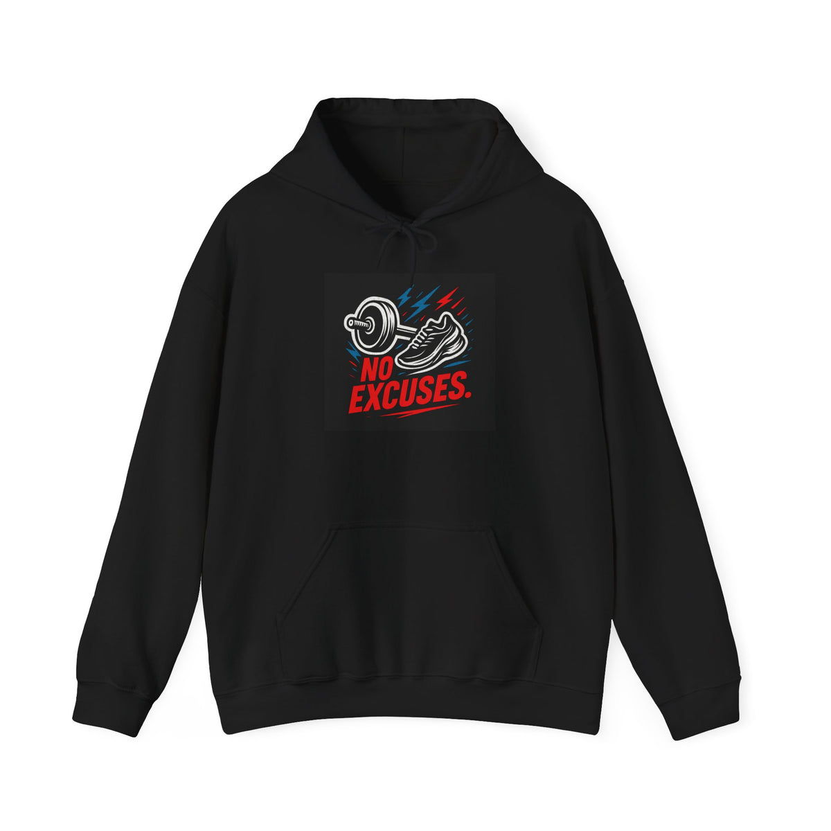No Excuses Gym Hoodie — Motivational Fitness Sweatshirt with Dumbbell & Shoe Graphic