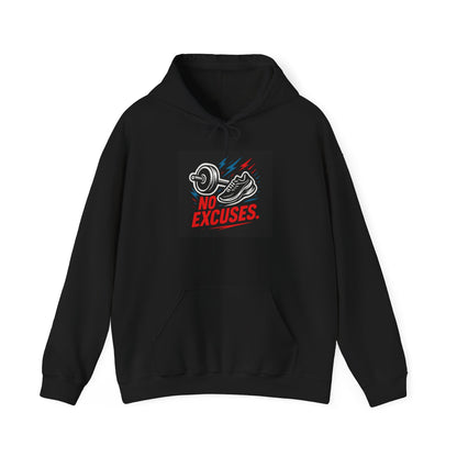 No Excuses Gym Hoodie — Motivational Fitness Sweatshirt with Dumbbell & Shoe Graphic