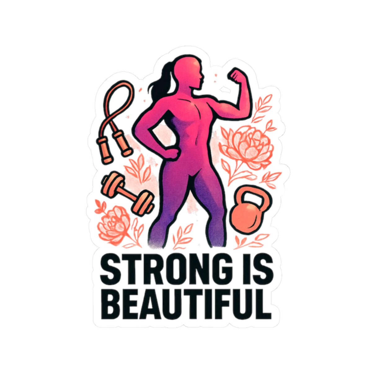 Strong Is Beautiful Sticker — Motivational Fitness Kiss-Cut Sticker for Women (Kettlebell, Dumbbell & Jump Rope Design)