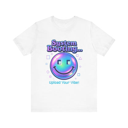 System Booting Smiley Tee — “Upload Your Vibe!” Retro Cybercore Graphic T-Shirt