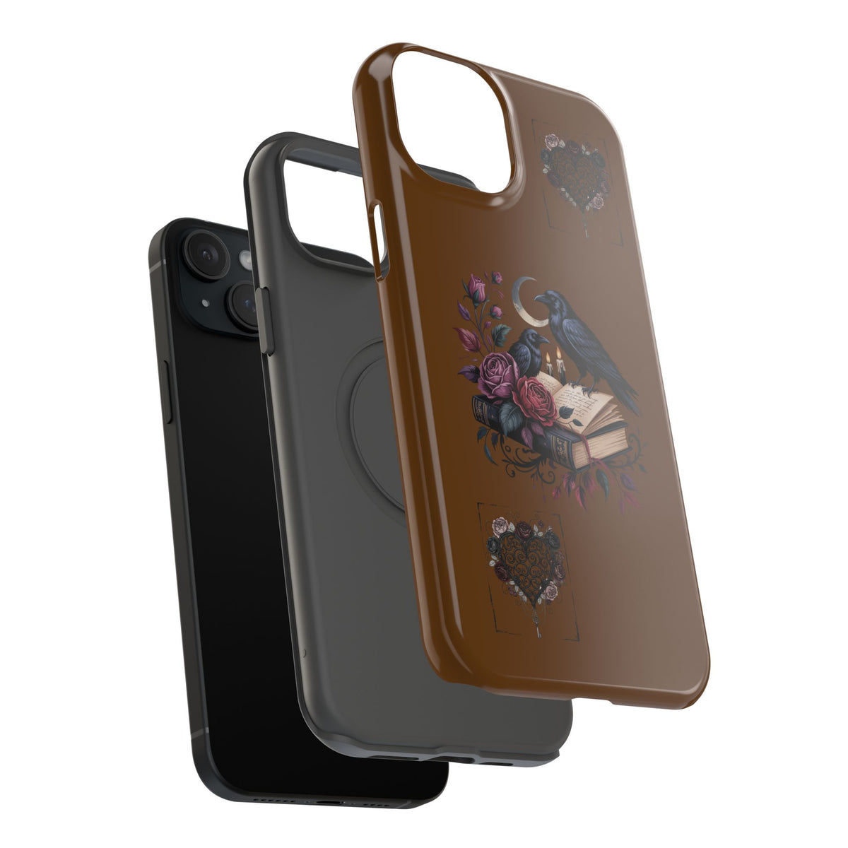 Raven & Roses Phone Case — Impact-Resistant Protective Case with Moon, Books & Floral Gothic Design