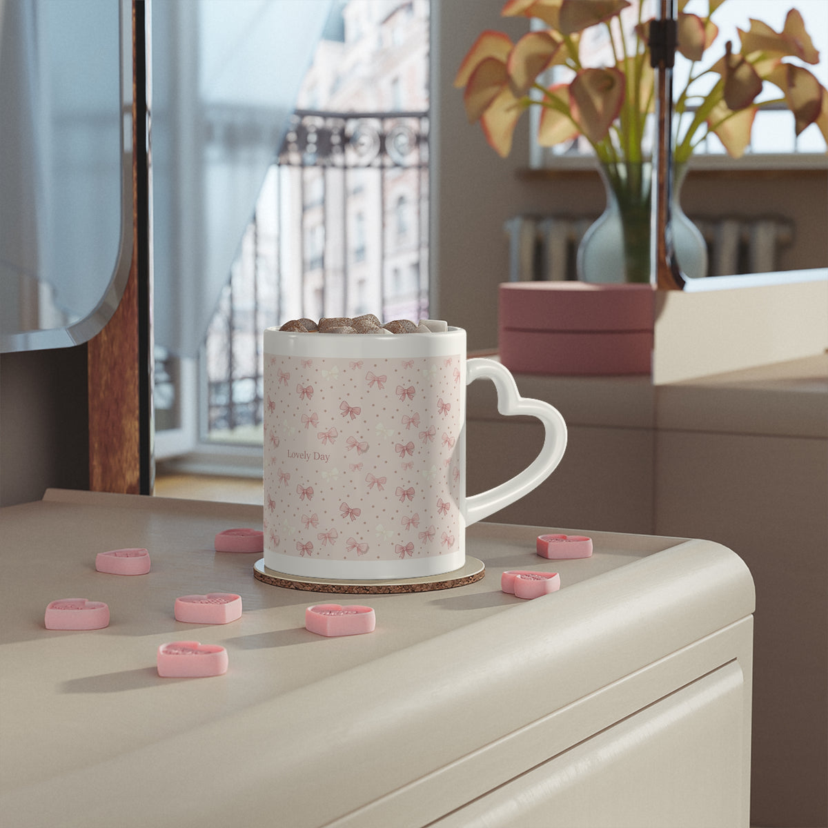 Pink Bow Pattern Mug — "Lovely Day" Ceramic Coffee Cup, Cute Romantic Gift for Her