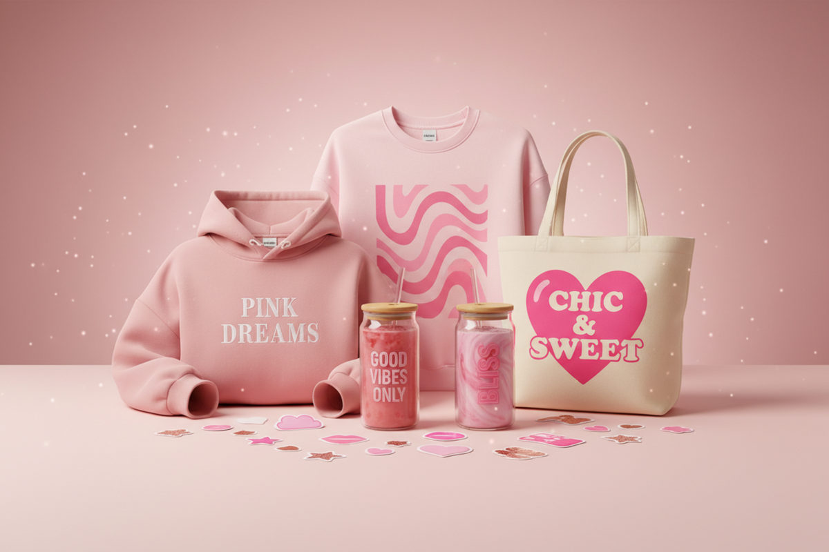 Design a stylish pink-themed banner that has a variety of products including hoodies sweatshirts tote bags glass tumblers, stickers. Use shades of blush, rose, hot pink, and soft pastel pinks to create a feminine aesthetic. Arrange the products in a clean, balanced layout with soft shadows and gentle lighting. Add subtle pink accents such as sparkles, glows, or glossy highlights to enhance the theme. The overall design should feel trendy, cute, and visually appealing—perfect for marketing a pink-themed life