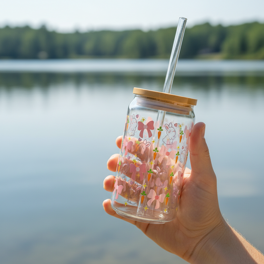 Bunny Pattern 16oz Glass Sipper with Straw — Cute Pastel Easter Design